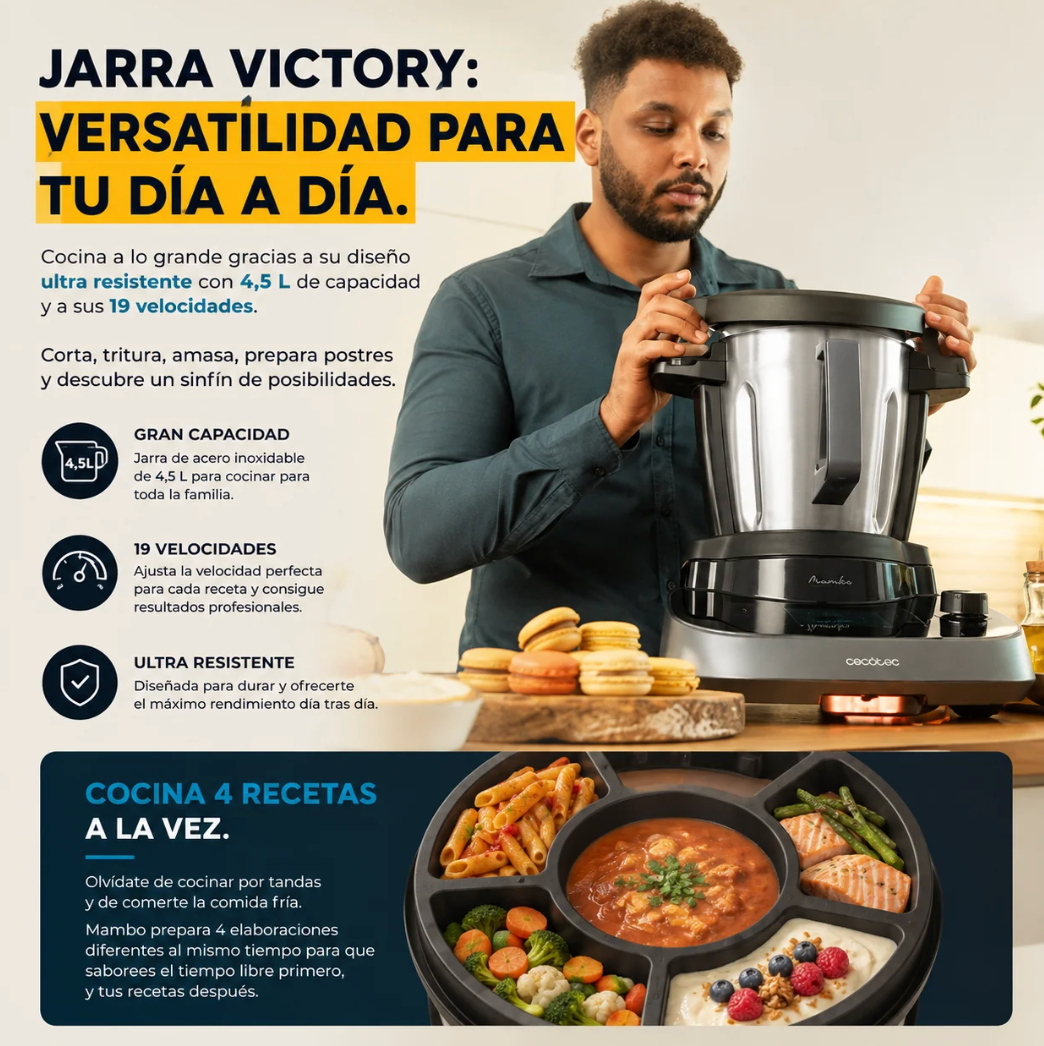 Mambo Cooking Victory – Robot de Cocina Multifunción con Dispensador Inteligente, 45 Funciones y Jarra Victory 4,5L